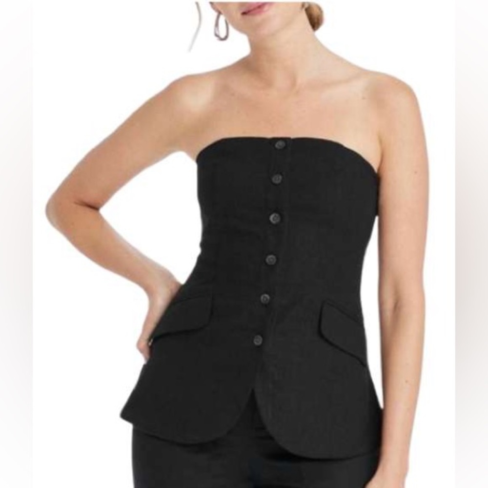 Universal Thread Black Linen Blend Button Front Strapless Peplum Top